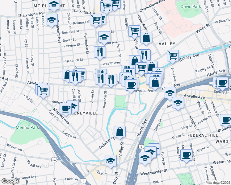 map of restaurants, bars, coffee shops, grocery stores, and more near 758 Atwells Avenue in Providence