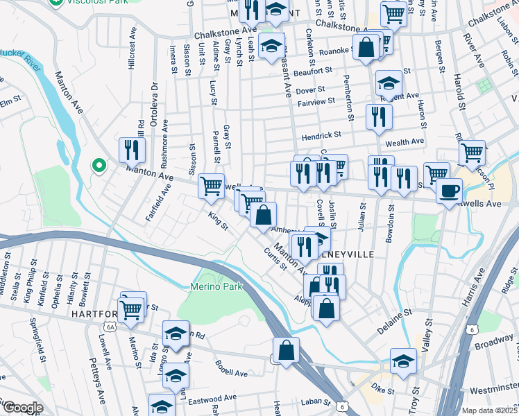 map of restaurants, bars, coffee shops, grocery stores, and more near 34 Erastus Street in Providence