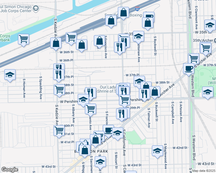 map of restaurants, bars, coffee shops, grocery stores, and more near 2907 West 38th Street in Chicago