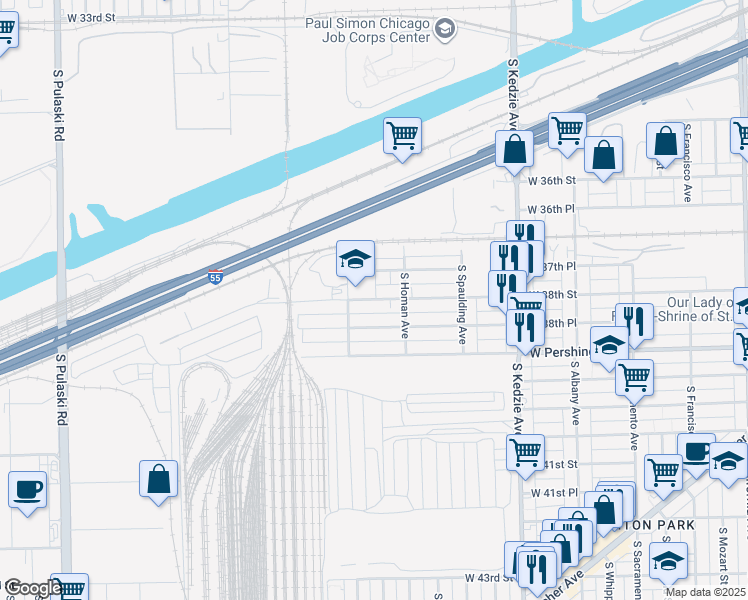 map of restaurants, bars, coffee shops, grocery stores, and more near 3747 South Saint Louis Avenue in Chicago
