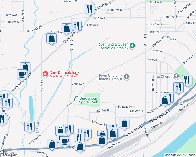 map of restaurants, bars, coffee shops, grocery stores, and more near 1732-1754 Harrison Drive in Clinton