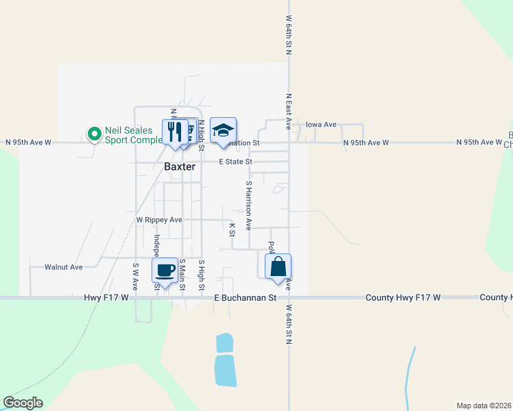 map of restaurants, bars, coffee shops, grocery stores, and more near 113 South Harrison Avenue in Baxter