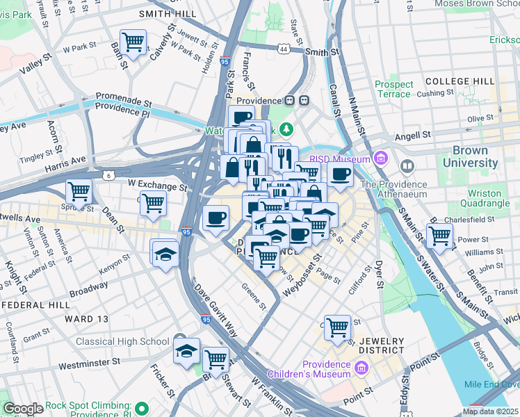 map of restaurants, bars, coffee shops, grocery stores, and more near in Providence