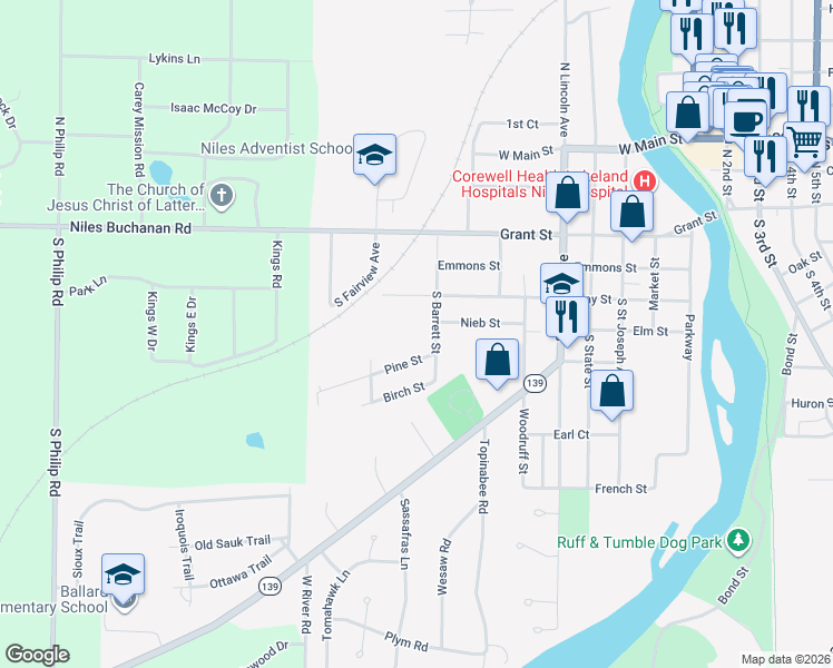 map of restaurants, bars, coffee shops, grocery stores, and more near 308 South Barrett Street in Niles