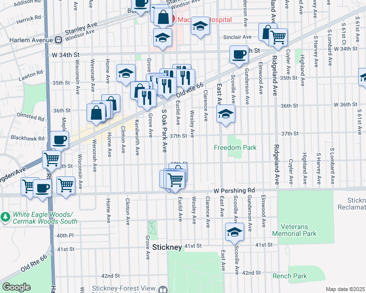 map of restaurants, bars, coffee shops, grocery stores, and more near 3714 Wesley Avenue in Berwyn