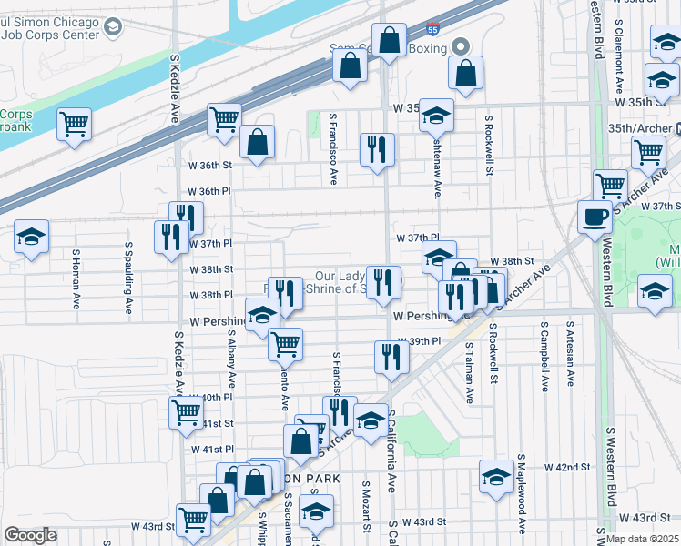 map of restaurants, bars, coffee shops, grocery stores, and more near 2857 West 38th Street in Chicago