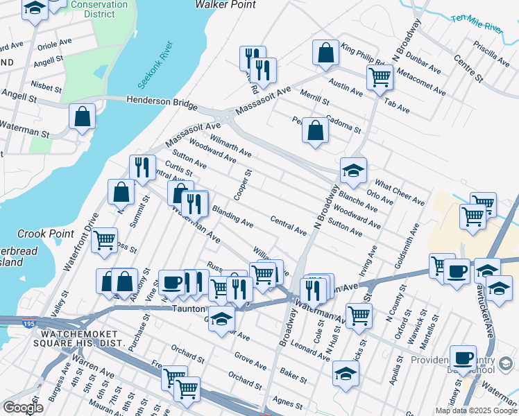 map of restaurants, bars, coffee shops, grocery stores, and more near 198 Central Avenue in East Providence