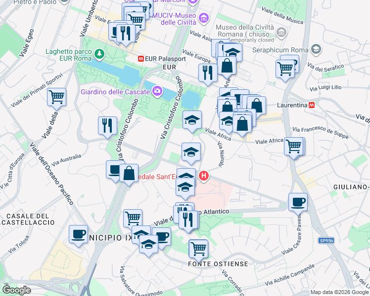 map of restaurants, bars, coffee shops, grocery stores, and more near 63 Viale del Poggio Fiorito in Roma