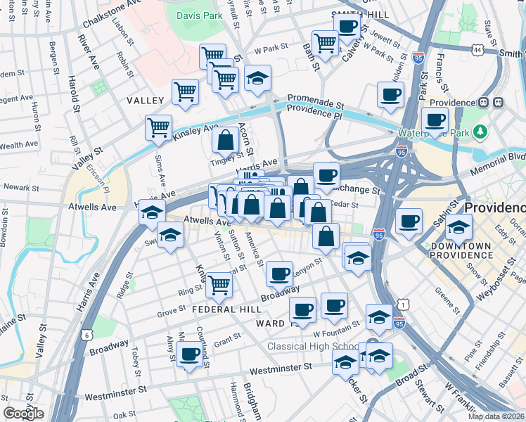 map of restaurants, bars, coffee shops, grocery stores, and more near Spruce Street in Providence