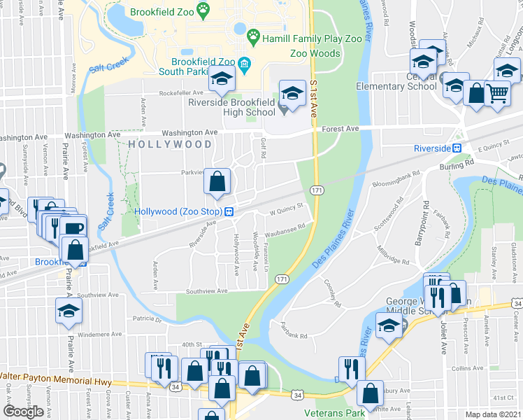 map of restaurants, bars, coffee shops, grocery stores, and more near 8400 Riverside Avenue in Brookfield