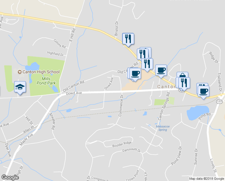 map of restaurants, bars, coffee shops, grocery stores, and more near 442 Dowd Avenue in Canton