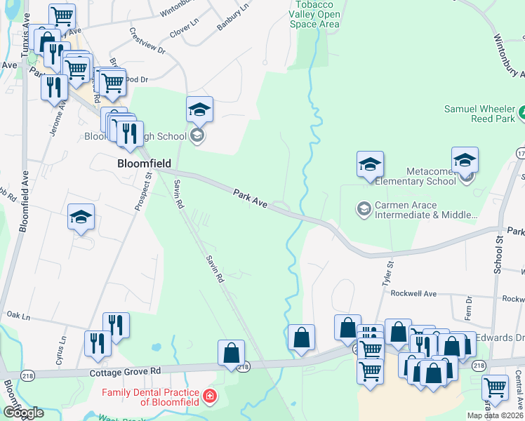 map of restaurants, bars, coffee shops, grocery stores, and more near 565 Park Avenue in Bloomfield