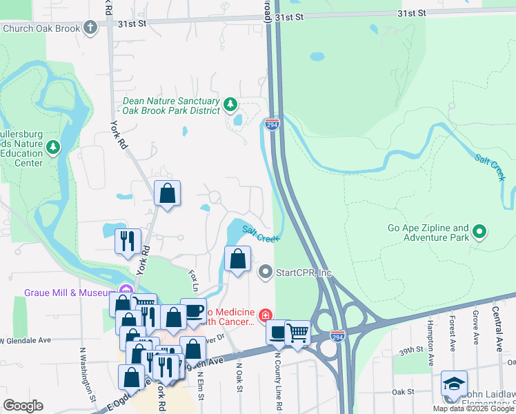 map of restaurants, bars, coffee shops, grocery stores, and more near 1302 Hawthorne Lane in Hinsdale