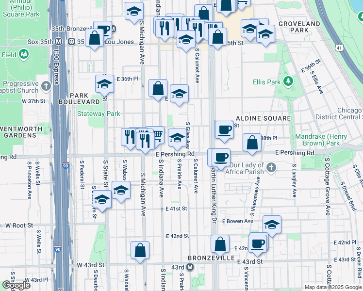 map of restaurants, bars, coffee shops, grocery stores, and more near 244 East Pershing Road in Chicago