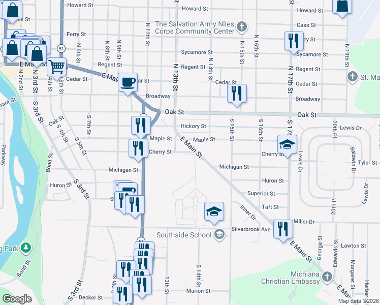 map of restaurants, bars, coffee shops, grocery stores, and more near Cherry Street in Niles