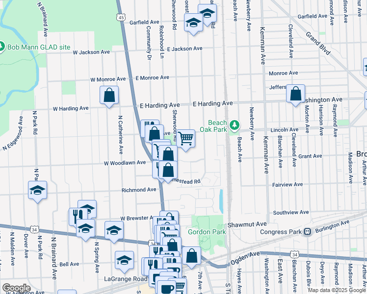 map of restaurants, bars, coffee shops, grocery stores, and more near 510 Sherwood Road in La Grange Park