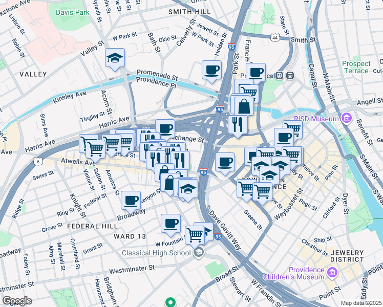 map of restaurants, bars, coffee shops, grocery stores, and more near 14 Cedar Street in Providence