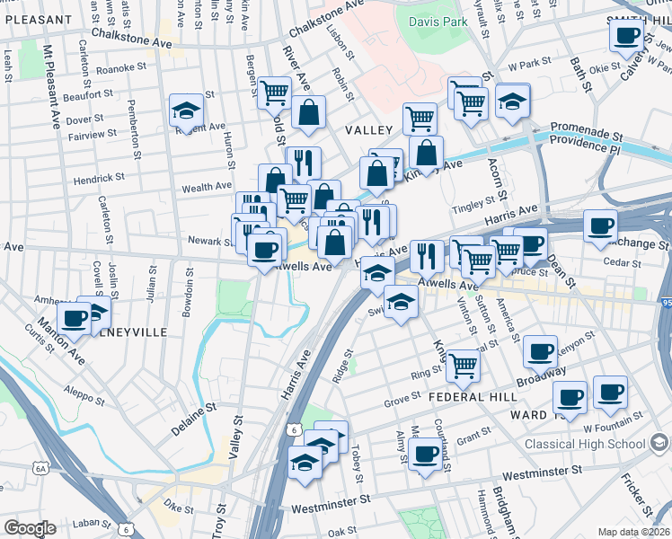 map of restaurants, bars, coffee shops, grocery stores, and more near 556 Atwells Avenue in Providence