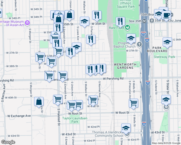 map of restaurants, bars, coffee shops, grocery stores, and more near 3831 South Wallace Street in Chicago