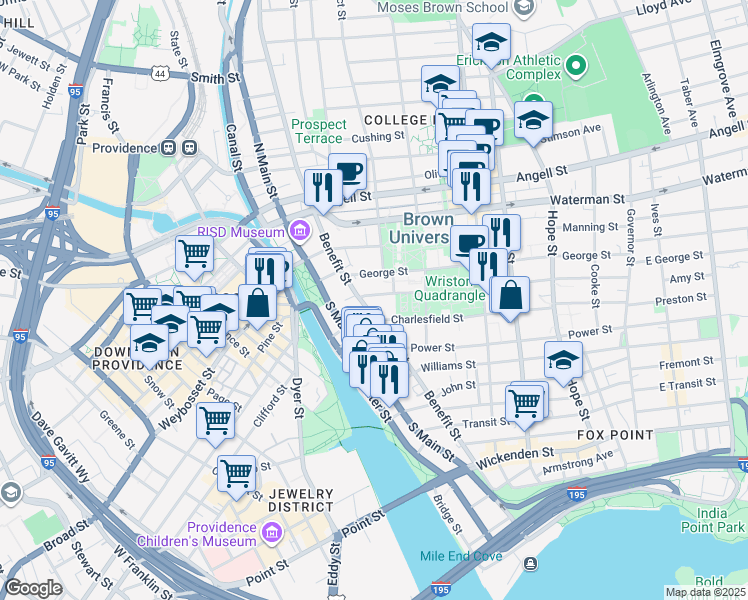 map of restaurants, bars, coffee shops, grocery stores, and more near 1 Benevolent Street in Providence