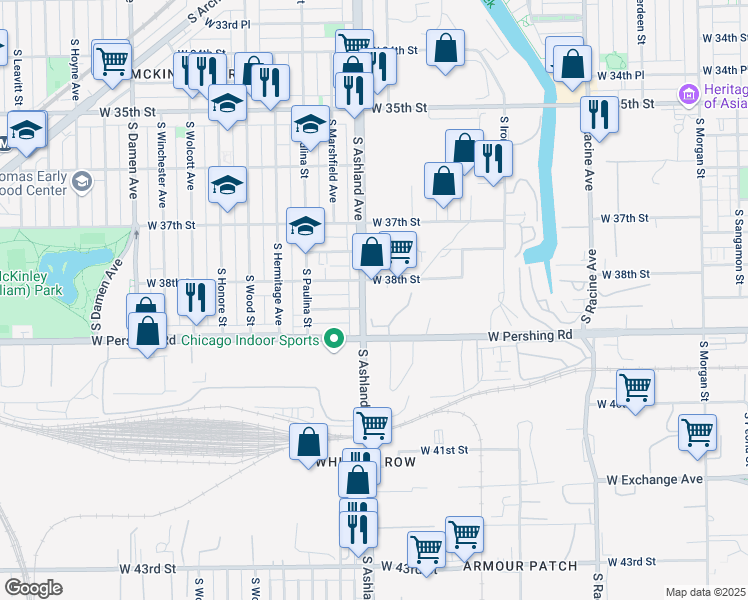 map of restaurants, bars, coffee shops, grocery stores, and more near 3815 South Ashland Avenue in Chicago