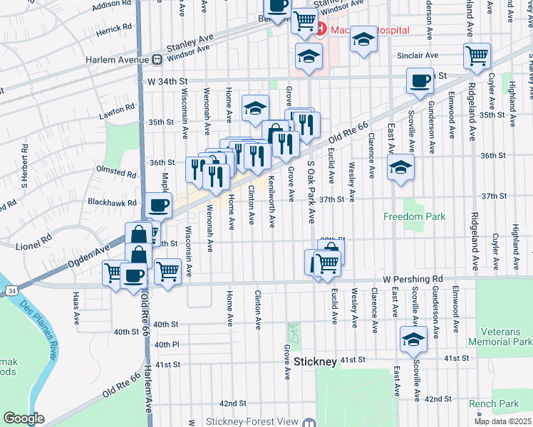 map of restaurants, bars, coffee shops, grocery stores, and more near 3717 Kenilworth Avenue in Berwyn