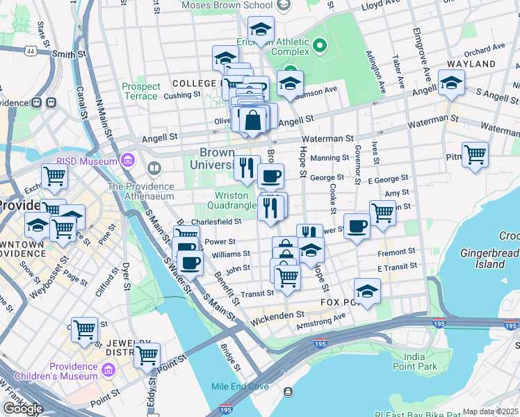 map of restaurants, bars, coffee shops, grocery stores, and more near 111 Thayer Street in Providence
