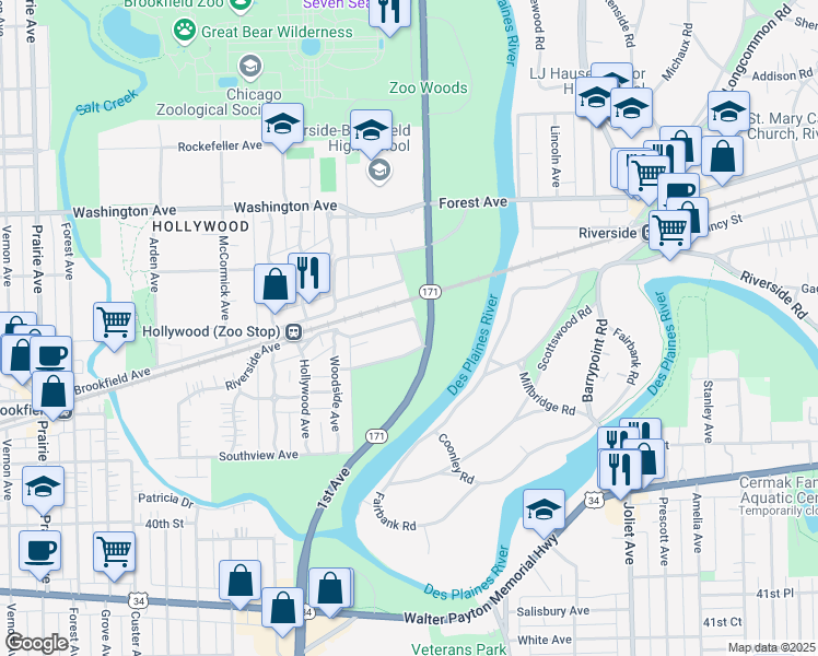 map of restaurants, bars, coffee shops, grocery stores, and more near 20 Forbes Road in Riverside