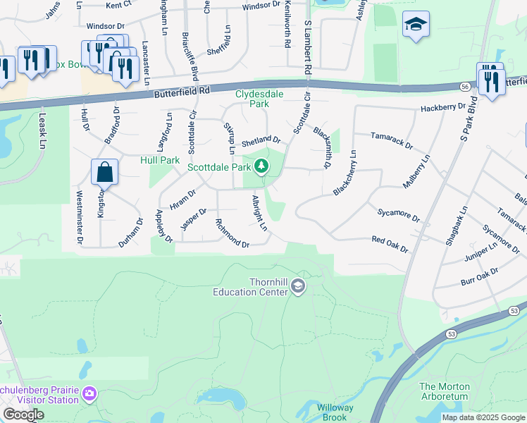 map of restaurants, bars, coffee shops, grocery stores, and more near 2283 Albright Lane in Wheaton