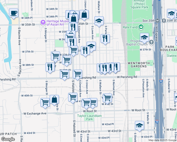 map of restaurants, bars, coffee shops, grocery stores, and more near 3821 South Union Avenue in Chicago