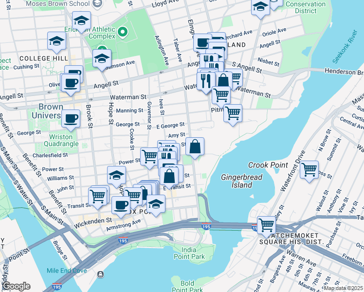 map of restaurants, bars, coffee shops, grocery stores, and more near 74 Preston Street in Providence