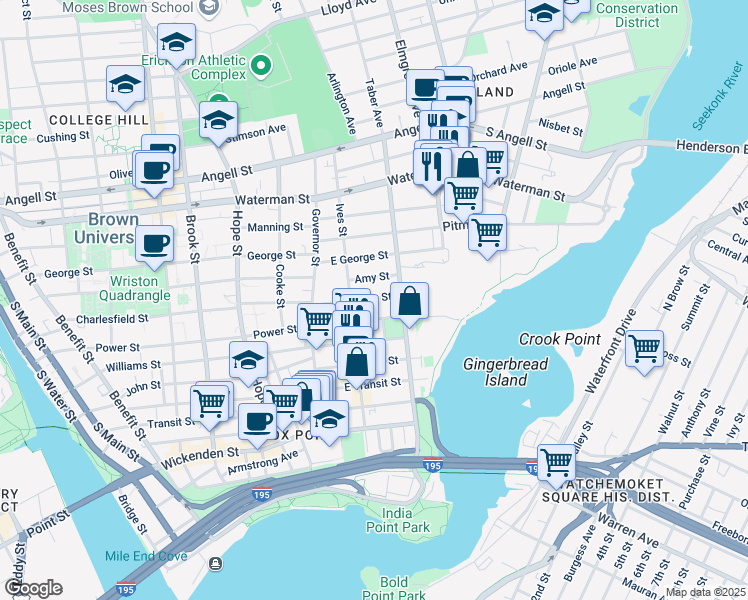 map of restaurants, bars, coffee shops, grocery stores, and more near 74 Preston Street in Providence
