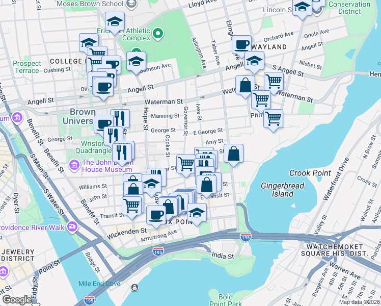 map of restaurants, bars, coffee shops, grocery stores, and more near 118 1/2 Governor Street in Providence