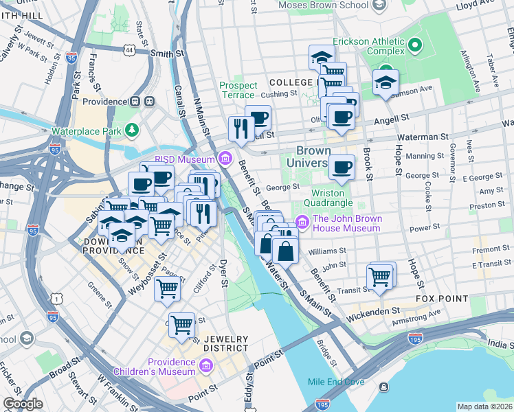 map of restaurants, bars, coffee shops, grocery stores, and more near 15 Hopkins Street in Providence