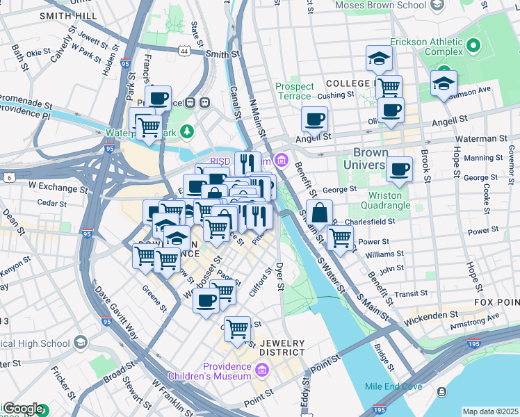 map of restaurants, bars, coffee shops, grocery stores, and more near 17 Custom House Street in Providence