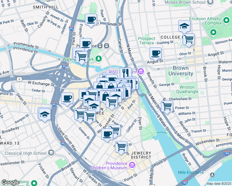 map of restaurants, bars, coffee shops, grocery stores, and more near 1 Washington Street in Providence