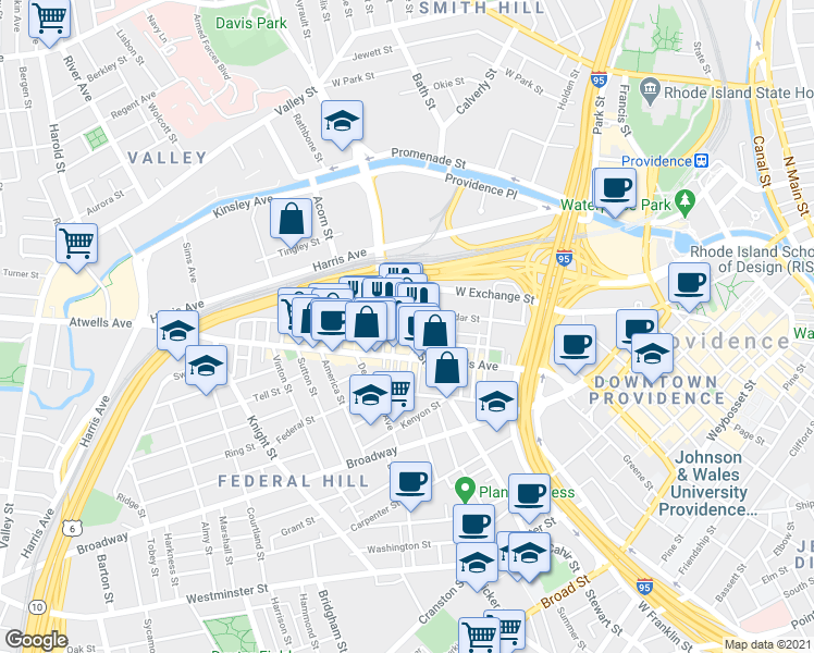 map of restaurants, bars, coffee shops, grocery stores, and more near 124 Cedar Street in Providence