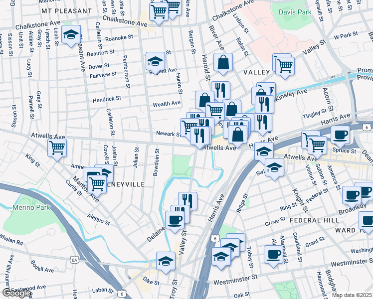 map of restaurants, bars, coffee shops, grocery stores, and more near 712 Atwells Avenue in Providence