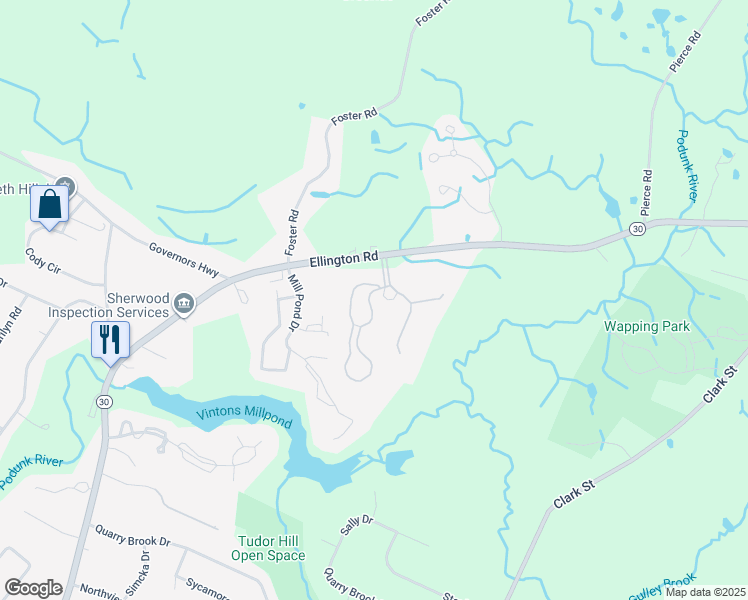 map of restaurants, bars, coffee shops, grocery stores, and more near 1103 Twin Circle Drive in South Windsor