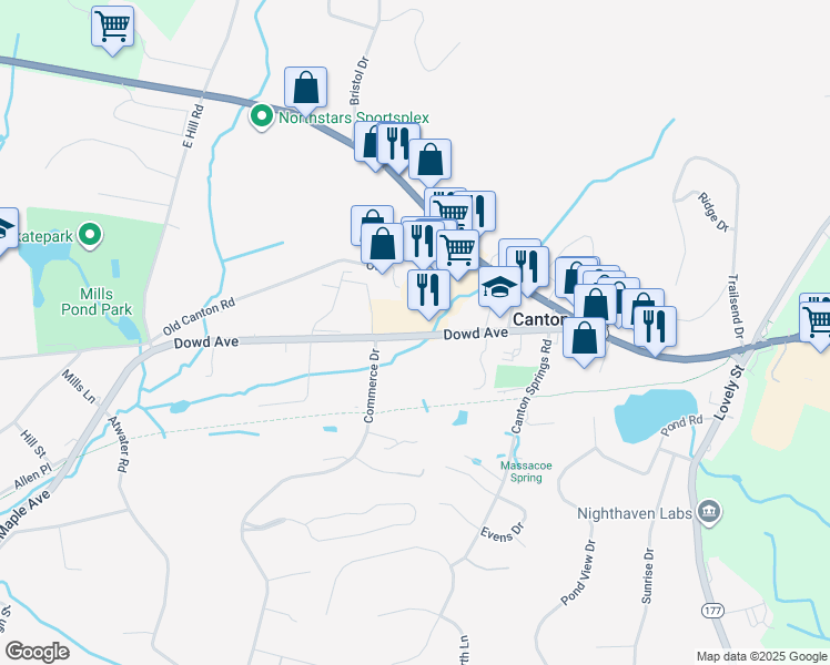 map of restaurants, bars, coffee shops, grocery stores, and more near 505 Dowd Avenue in Canton
