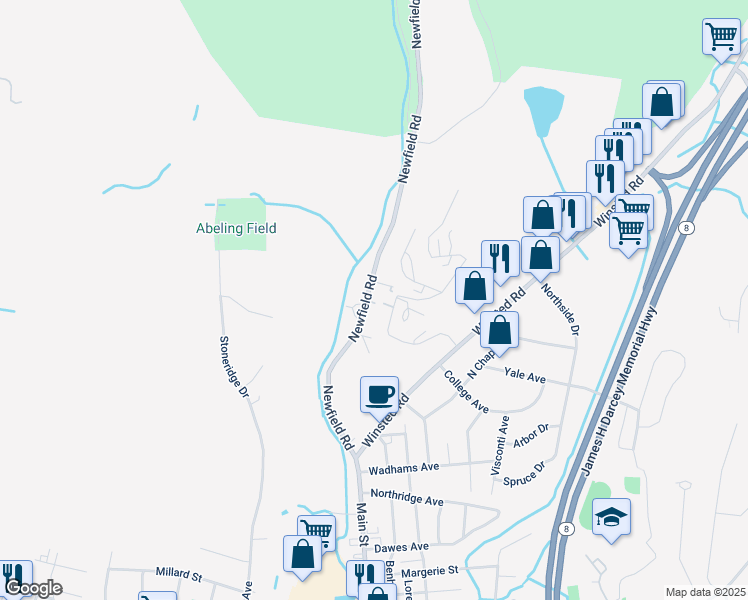 map of restaurants, bars, coffee shops, grocery stores, and more near 271 Newfield Road in Torrington