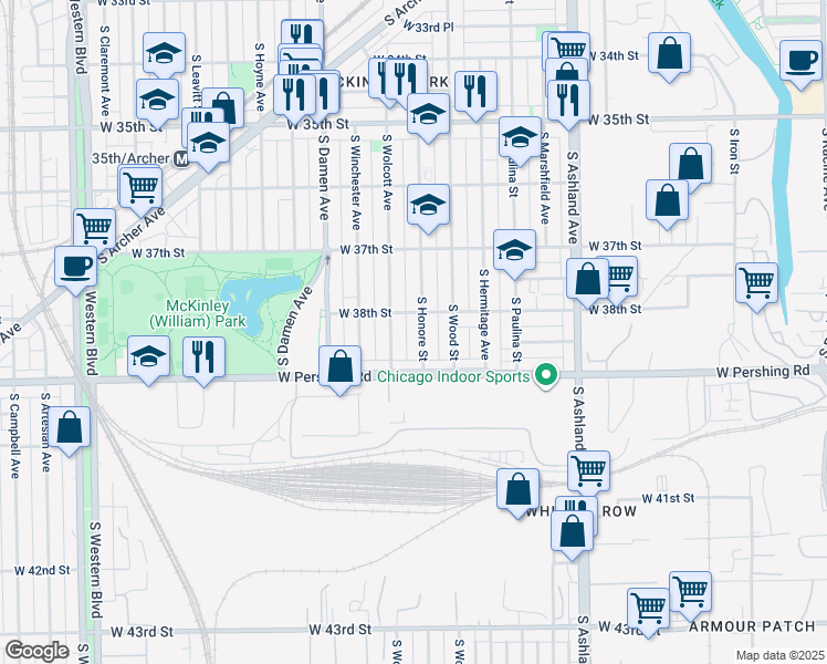 map of restaurants, bars, coffee shops, grocery stores, and more near 3812 South Honore Street in Chicago