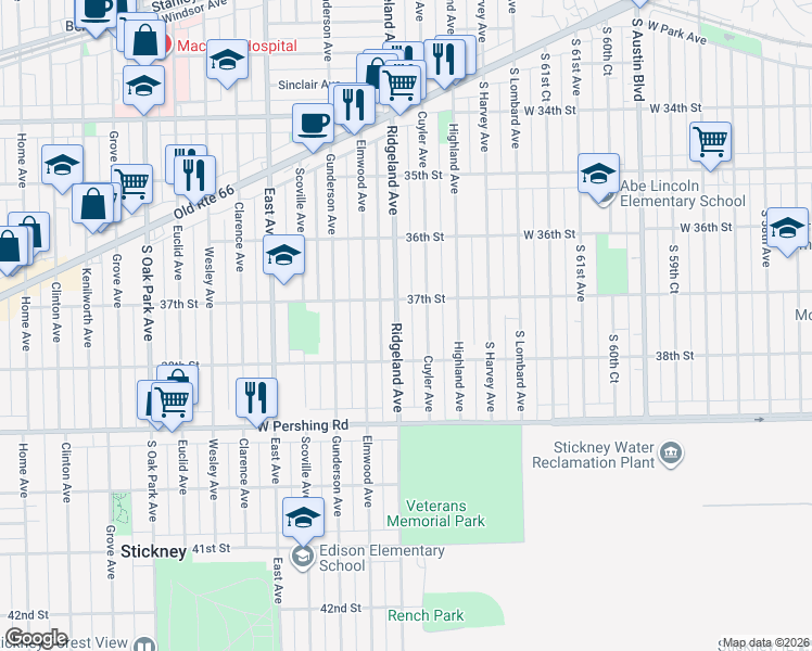 map of restaurants, bars, coffee shops, grocery stores, and more near 3718 Ridgeland Avenue in Berwyn