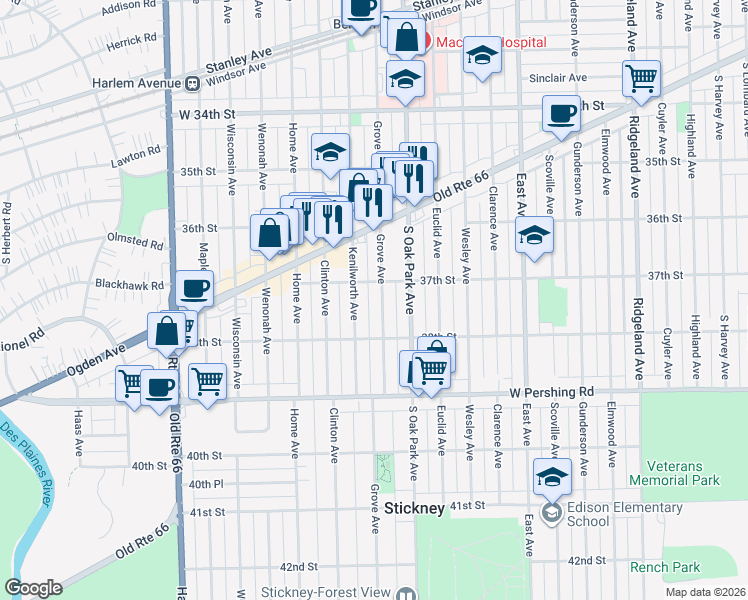 map of restaurants, bars, coffee shops, grocery stores, and more near 3711 Grove Avenue in Berwyn