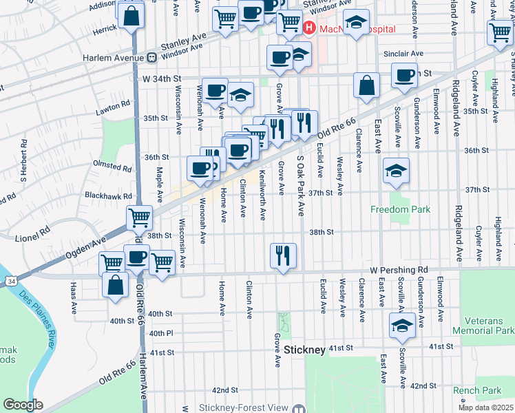 map of restaurants, bars, coffee shops, grocery stores, and more near 3717 Kenilworth Avenue in Berwyn