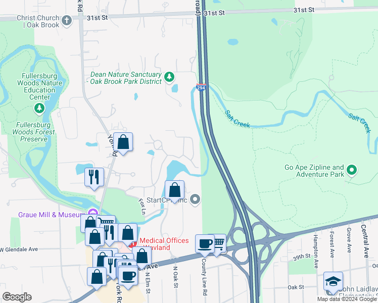 map of restaurants, bars, coffee shops, grocery stores, and more near 1302 Hawthorne Lane in Hinsdale