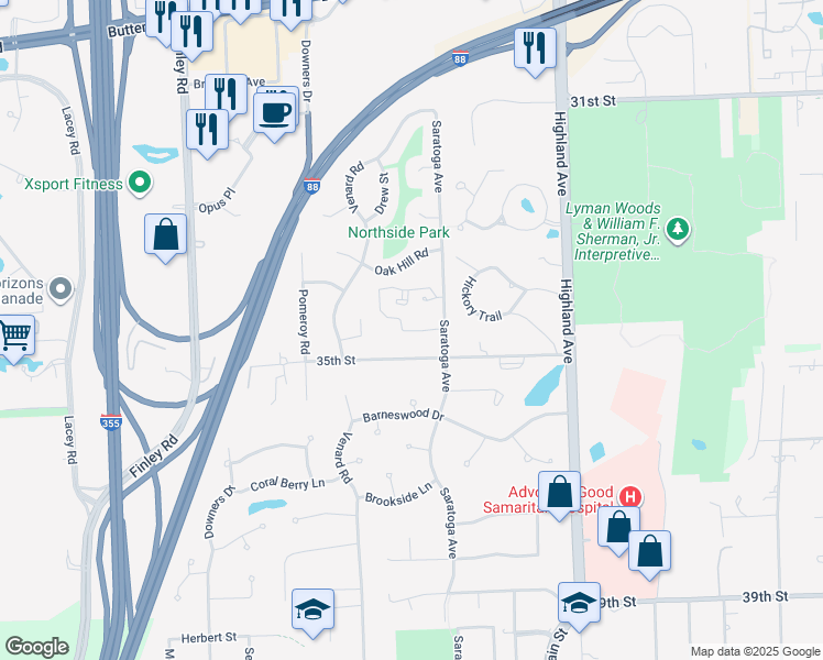 map of restaurants, bars, coffee shops, grocery stores, and more near 1350 35th Street in Downers Grove