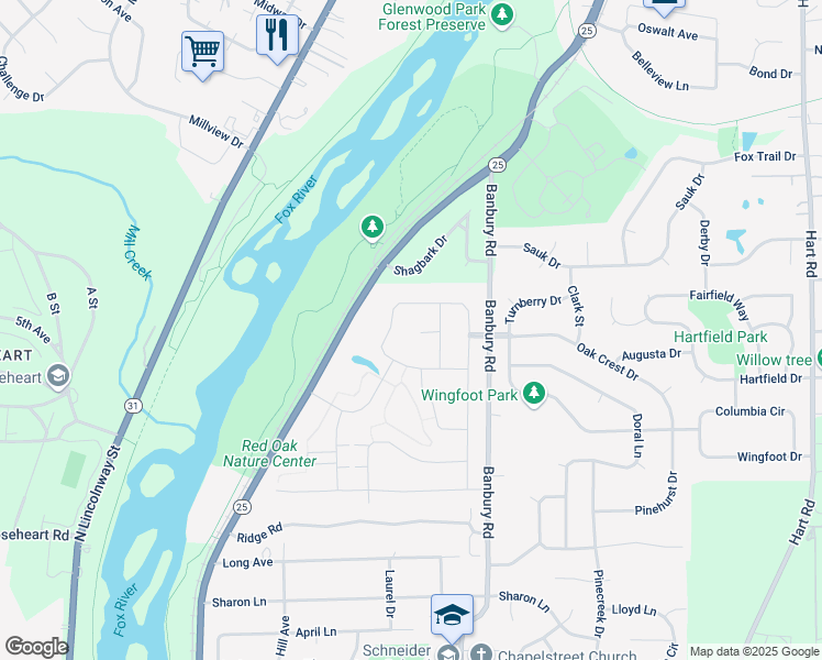 map of restaurants, bars, coffee shops, grocery stores, and more near 2S973 Shagbark Drive in Batavia