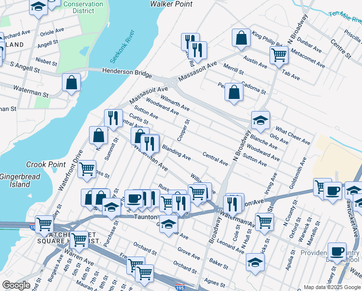 map of restaurants, bars, coffee shops, grocery stores, and more near 167 Central Avenue in East Providence