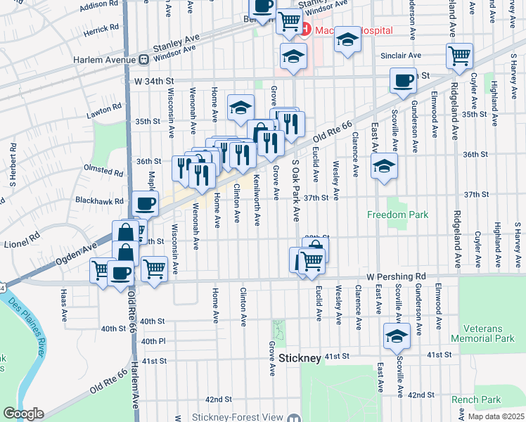 map of restaurants, bars, coffee shops, grocery stores, and more near 3717 Kenilworth Avenue in Berwyn